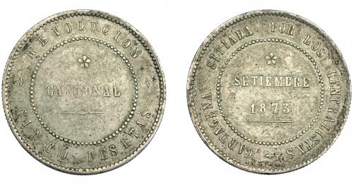 3349 - REVOLUCIÓN CANTONAL. 5 pesetas. 1873. Cartagena. 80 perlas en la gráfila interior del anv. No coincidente sobre eje horizontal. VII-30. MBC-.