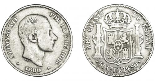 3351   -  ALFONSO XIII. 50 centavos de peso. 1880. Manila. VII-75. BC+. Rara.