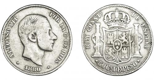 3351 - ALFONSO XIII. 50 centavos de peso. 1880. Manila. VII-75. BC+. Rara.