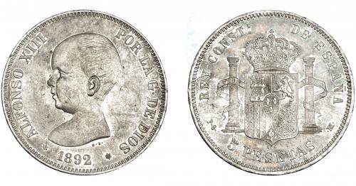 3356 - ALFONSO XIII. 5 pesetas. 1892 *18-92. Madrid. PGM. VII-183. Rayitas. EBC-.