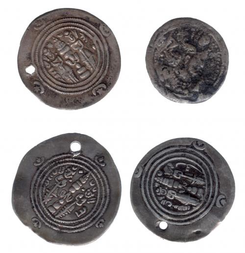 3358 - MONEDAS EXTRANJERAS. Lote de 4 dracmas sasánidas diferentes, 3 de ellas de plata con agujero y una de vellón. BC+/MBC+.