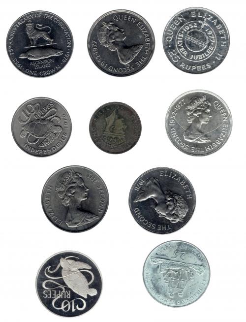 3361   -  MONEDAS EXTRANJERAS. Lote de 10 monedas: Santa Helena -25 peniques:  1973 (2) y 1977-, corona de 1978 de Tristan da Cunha, 1 corona de 1978 de la Isla de Ascensión; Seychelles -25 rupias 1977 (2), 10 rupias (1974 y 1976)  y 1 rupia (1939). MBC/SC.