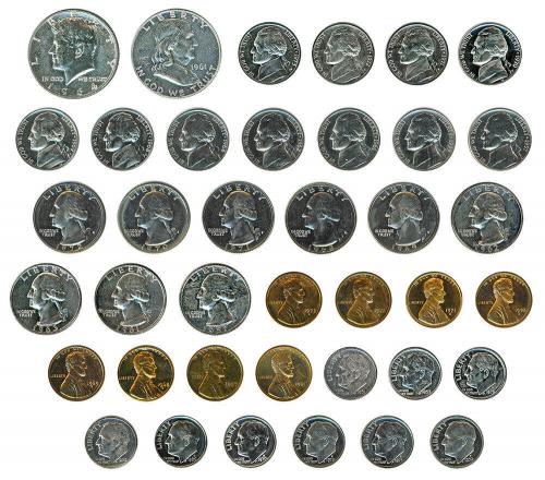 3378 - MONEDAS EXTRANJERAS. ESTADOS UNIDOS DE AMÉRICA. Lote de 39 piezas: 1 centavo 1957, 1961, 1968-S, 1969-S, 1970-S, 1971-S. 1972-S y 1973-S; 5 centavos 1657, 1959, 1961,1962, 1964, 1968-S, 1969-S, 1970-S, 1971-S, 1972-S y 1973-S; dime 1957, 1961, 1962, 1968-S, 1969-S, 1970-S, 1971, 1972-S, 1973-S; 1/4 dólar: 1957, 1961, 1962, 1963, 1968-S, 1969-S, 1970-S, 1971-S, 1972-S; 1/2 dólar 1961 y 1964. Prueba.