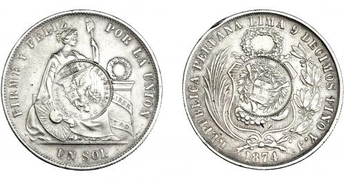 3380   -  MONEDAS EXTRANJERAS. GUATEMALA. 1 peso. 1894. Resello de 1/2 real de Guatemala de 1894, sobre un sol (Perú) de 1874. Y.J. KM-224. MBC+.