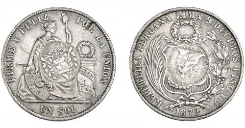 3381 - MONEDAS EXTRANJERAS. GUATEMALA. 1 peso. 1894. Resello de 1/2 real de Guatemala de 1894, sobre un sol (Perú) de 1872. Y.J. KM-224. Defecto de cospel y rayas. MBC.
