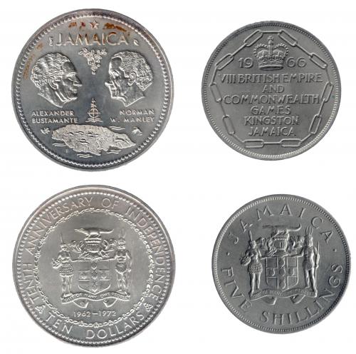 3385   -  MONEDAS EXTRANJERAS. JAMAICA. Lote de 2 monedas de 5 shillings de 1966 y de 10 dólares de 1972. SC.