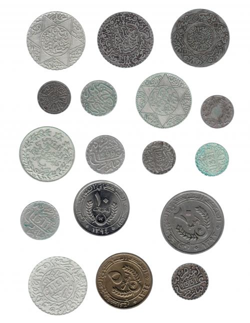 3387 - MONEDAS EXTRANJERAS. Lote de 17 monedas: 1/4 de rial de Marruecos de 1882, 1894, 1898, 1903, 1911 y 1913; 1/10 de rial de Marruecos de 1882,1894,1903 y 1913; 1/20 rial de Marruecos de 1882, 1900 (2) y 1903; 20 ouguiya de Mauritania de 1974; 10 ouguiya de Mauritania de 1974; y 5 ouguiya de Mauritania de 1974. MBC/SC.