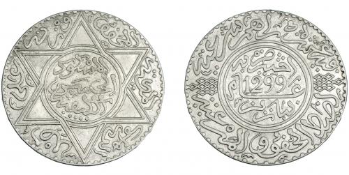 3388 - MONEDAS EXTRANJERAS. MARRUECOS. Al Hassan I. 10 dirhams de 1882 (1299H). Y-8.