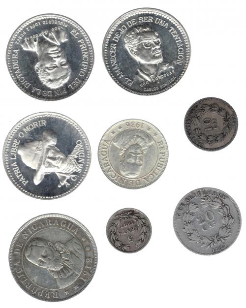 3392   -  MONEDAS EXTRANJERAS. NICARAGUA. Lote de 8 monedas: 50 centavos de 1912; 25 centavos de 1936; 20 centavos de 1880; 5 centavos de 1887; 10 centavos de 1880; y 500 cordobas de 1980 (3). MBC/SC.