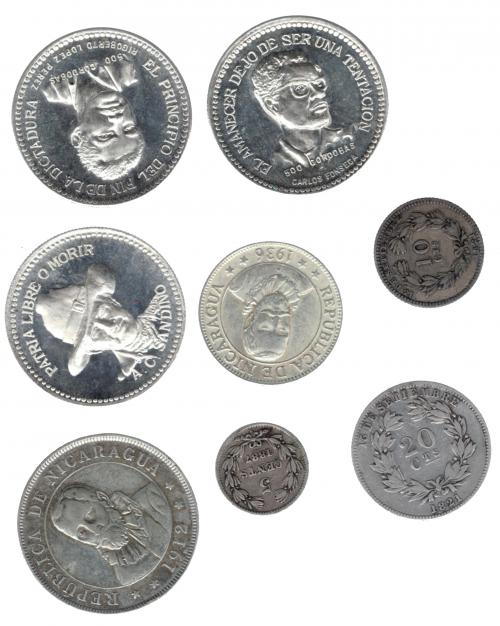 3392 - MONEDAS EXTRANJERAS. NICARAGUA. Lote de 8 monedas: 50 centavos de 1912; 25 centavos de 1936; 20 centavos de 1880; 5 centavos de 1887; 10 centavos de 1880; y 500 cordobas de 1980 (3). MBC/SC.