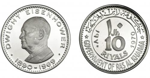 3396 - MONEDAS EXTRANJERAS. RAS AL- KHAIMAH. 100 riyals de 1970 con Eisenhower. KM-31. Prueba. Escasa