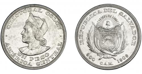 3402   -  MONEDAS EXTRANJERAS. EL SALVADOR. 1 peso. 1909. Cristóbal Colón. KM-115.2. EBC-. 