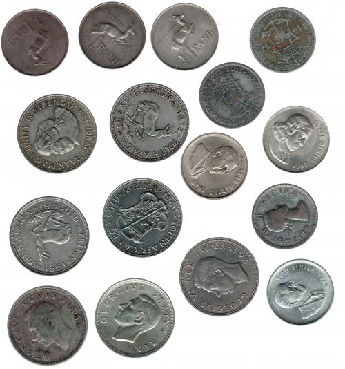 3404   -  MONEDAS EXTRANJERAS. SUDÁFRICA. Lote de 16 monedas: 5 chillings de 1947, 1948, 1951, 1952, 1953, 1960; 1/2 shilling  de 1937, 1952, 1953; 50 cent. de 1963; 1 rand de 1966 (2), 1967 (2), 1969 (2). MBC-/EBC. 