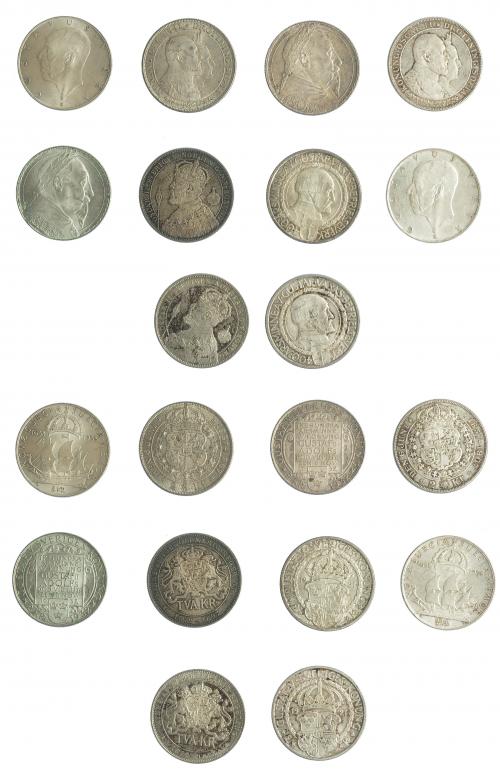 3405 - MONEDAS EXTRANJERAS. SUECIA. Lote de 10 monedas: kronor 1921 (2: KM-799), 1897 (2: KM-762), 1932 (2: KM-805), 1938 (2: KM-807) y 1907 (2: KM-776). De EBC- a SC.