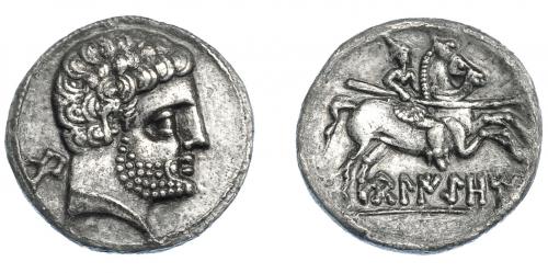 15 - HISPANIA ANTIGUA. BELIKIOM. Denario. A/ Cabeza masculina con collar a der., detrás signo ibérico Be. R/ Jinete lancero a der., debajo sobre línea BeLIKiOM. AR 3,62 g. 18,2 mm. I-241. ACIP-1432. Leves oxidaciones en rev. MBC+. Muy escasa.