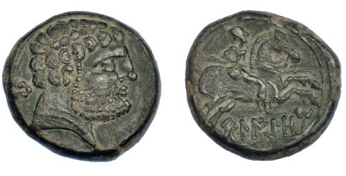 16 - HISPANIA ANTIGUA. BELIKIOM. Unidad. A/ Cabeza masculina con collar a der., detrás signo ibérico Be. R/ Jinete lancero a der., debajo sobre línea BeLIKiOM. AE 10,08 g. 23,1 mm. I-243. ACIP-1433. Pátina verde oscuro. MBC+/MBC.