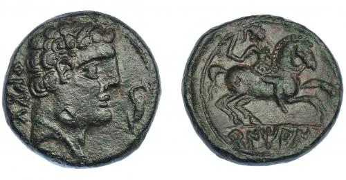 18 - HISPANIA ANTIGUA. BENTIAN-BENKOTA. Unidad. A/ Cabeza masculina con collar a der., delante delfín, detrás BeNKoTa. R/ Jinete con espada a der., en exergo BeNTiAN. AE 10,33 g. 24 mm. I-250. ACIP-1678. Golpecito en anv. MBC+. Rara.