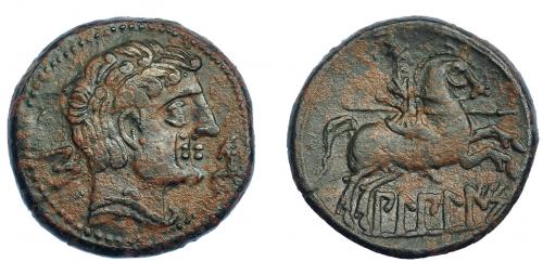 19 - HISPANIA ANTIGUA. BILBILIS. As. A/ Cabeza masculina a der., delante delfín, detrás signo ibérico S. R/ Jinete lancero a der., debajo, sobre línea, BiLBiLIS. AE 14,44 g. 28,3 mm. I-254. ACIP-1567. Pátina verde y marrón. Leve doble acuñación en anv. MBC. Escasa.