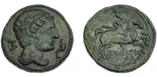 20 - HISPANIA ANTIGUA. BILBILIS. As. A/ Cabeza masculina a der., delante delfín, detrás signo ibérico S. R/ Jinete lancero a der., debajo, sobre línea, BiLBiLIS. AE 11,29 g. 28 mm. I-254. ACIP-1567. Pátina verde. MBC-/MBC. Escasa.
