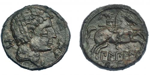 21 - HISPANIA ANTIGUA. BILBILIS. As. A/ Cabeza masculina a der., delante delfín, detrás signo ibérico S. R/ Jinete lancero a der., debajo, sobre línea, BiLBiLIS. AE 14,10 g. 26,9 mm. I-254. ACIP-1567. Pequeñas concreciones. Pátina marrón. MBC+. Escasa.