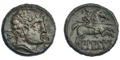 23 - HISPANIA ANTIGUA. BILBILIS. As. A/ Cabeza masculina a der., delante delfín, detrás signo ibérico S. R/ Jinete lancero a der., debajo, sobre línea, BiLBiLIS. AE 15,04 g. 28,1 mm. I-254. ACIP-1570. Pátina oscura. MBC+. Rara.