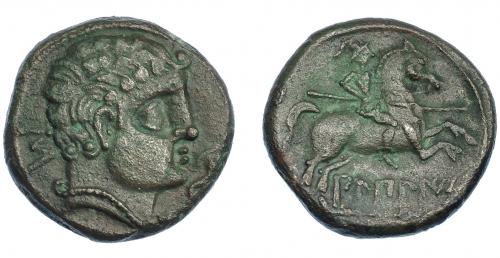 24 - HISPANIA ANTIGUA. BILBILIS. As. A/ Cabeza masculina a der., delante delfín, detrás signo ibérico S. R/ Jinete lancero a der., debajo, sobre línea, BiLBiLIS. AE 13,80 g. 26,7 mm. I-254. ACIP-1570. Pátina verdosa. MBC+. Rara.