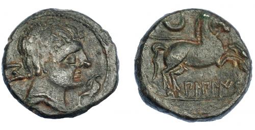25 - HISPANIA ANTIGUA. BILBILIS. Semis. A/ Cabeza masculina a der., delante delfín, detrás signo ibérico S. R/ Caballo con rienda suelta a der., encima creciente, debajo sobre línea BiLBiLIS. AE 6,70 g. 20,5 mm. I-266. ACIP-1572. MBC. Rara.