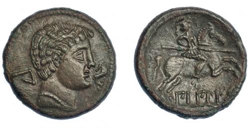 26 - HISPANIA ANTIGUA. BILBILIS. As. A/ Cabeza masculina a der., delante delfín, detrás signo ibérico Bi. R/ Jinete lancero a der., debajo, sobre línea, BiLBiLIS. AE 14,65 g. 29,1 mm. I-258. ACIP-1573. Pátina marrón. EBC-/MBC+. Muy escasa.