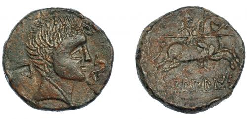 27 - HISPANIA ANTIGUA. BILBILIS. As. A/ Cabeza masculina a der., delante delfín, detrás signo ibérico Bi. R/ Jinete lancero a der., debajo, sobre línea, BiLBiLIS. AE 12,71 g. 28,8 mm. I-258. ACIP-1573. MBC+/MBC. Muy escasa.