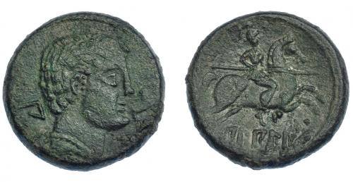 28 - HISPANIA ANTIGUA. BILBILIS. As. A/ Cabeza masculina a der., delante delfín, detrás signo ibérico Bi. R/ Jinete lancero a der., debajo, sobre línea, BiLBiLIS. AE 16,07 g. 28,4 mm. I-258. ACIP-1573. Pátina verde oscuro. MBC/MBC+. Muy escasa.