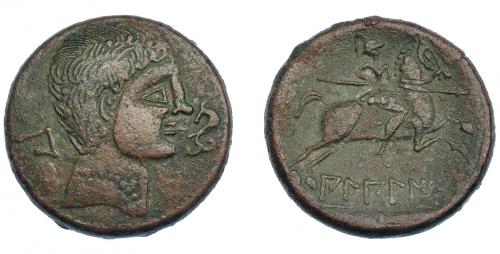 29 - HISPANIA ANTIGUA. BILBILIS. As. A/ Cabeza masculina a der., delante delfín, detrás signo ibérico Bi. R/ Jinete lancero a der., debajo, sobre línea, BiLBiLI. AE 13,86 g. 27,1 mm. I-261. ACIP-1573 vte. MBC. Muy escasa.