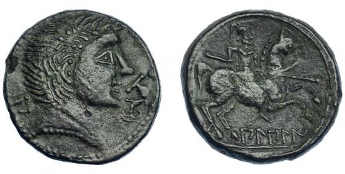 30 - HISPANIA ANTIGUA. BILBILIS. As. A/ Cabeza masculina a der., delante delfín, detrás signo ibérico Bi. R/ Jinete lancero a der., debajo, sobre línea, BiLBiLI. AE 12,57 g. 25,9 mm. I-261. ACIP-1573 vte. Pátina oscura. Pequeñas faltas de metal. MBC+/MBC. Muy escasa.