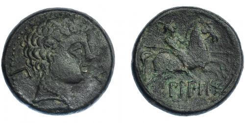 31 - HISPANIA ANTIGUA. BILBILIS. As. A/ Cabeza masculina a der., delante delfín, detrás signo ibérico Bi. R/ Jinete lancero a der., debajo, sobre línea, BiLBiLIS. AE 14,75 g. 27,4 mm. I-258. ACIP-1574. MBC-/BC+. Rara.