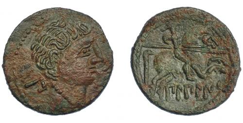 32 - HISPANIA ANTIGUA. BILBILIS. As. A/ Cabeza masculina a der., delante delfín, detrás signo ibérico Bi. R/ Jinete lancero a der., debajo, sobre línea, BiLBiLIS. AE 8,07 g. 26 mm. I-258. ACIP-1576. Pátina verde con tonos rojos. MBC+. Escasa.