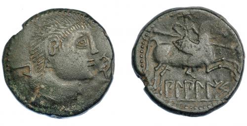 33 - HISPANIA ANTIGUA. BILBILIS. As. A/ Cabeza masculina a der., delante delfín, detrás signo ibérico Bi. R/ Jinete lancero a der., debajo, sobre línea, BiLBiLIS. AE 11,88 g. 26,3 mm. I-258. ACIP-1577. BC+/MBC-. Escasa.