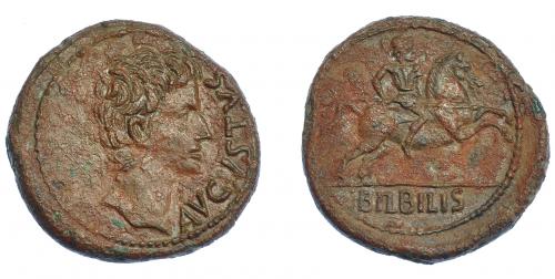 35 - HISPANIA ANTIGUA. BILBILIS. Augusto. As. A/ Cabeza a der., delante AVGVSTVS. R/ Jinete lancero a der., en exergo BILBILIS. AE 14,30 g. 30,3 mm. I-274. APRH-389. ACIP-3014. Pátina marrón. MBC+. Rara.