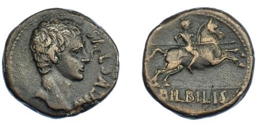 36 - HISPANIA ANTIGUA. BILBILIS. Augusto. As. A/ Cabeza a der.; AVGVSTVS. R/ Jinete lancero a der.; en exergo. BILBILIS. AE 14,19 g. 28,9 mm- I-274. APRH-389. ACIP-3014. MBC.