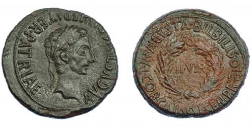 37 - HISPANIA ANTIGUA. BILBILIS. Augusto. As. A/ Cabeza laureada a der.; AVGVSTVS DIVI F PATER PATRIAE. R/ Corona cívica rodeando II VIR; MVN AVGVSTA BILBILIS- L COR CALIDO L SEMP RVTILO. AE 12,7 g. 29,4 mm. I-280. APRH-395. ACIP-3020. Pátina verde y roja. MBC+.
