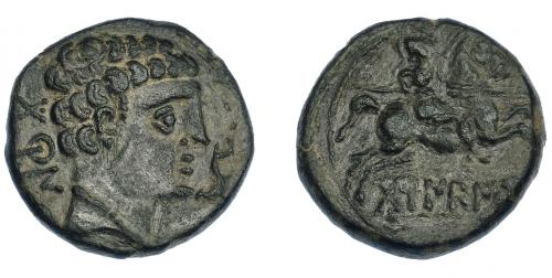 39 - HISPANIA ANTIGUA. BORNESKON. Unidad. A/ Cabeza masculina con collar a der., delante delfín, detrás BoRN. R/ Jinete lancero a der., debajo, sobre línea, BoRNESKoN. AE 9,61 mm. 24 mm. I-293. ACIP-1585. Campos de rev. repasados. Pátina oscura. MBC+/MBC. Muy escasa.