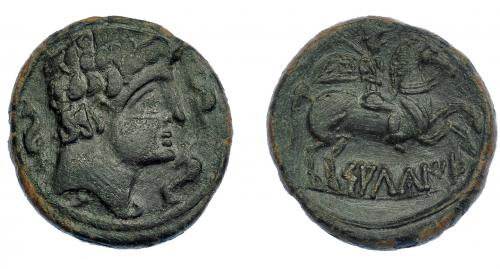 40 - HISPANIA ANTIGUA. SALTUIE. Unidad. A/ Cabeza masculina a der., alrededor tres delfines. R/ Jinete con palma y clámide a der.; debajo sobre línea SALTuIE. AE 11,89 g. 26,8 mm. I-306. ACIP-1516. Campos de rev. repasados. Pátina oscura. MBC/MBC+.