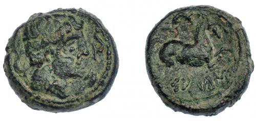 41 - HISPANIA ANTIGUA. SALTUIE. Mitad. A/ Cabeza masculina con cuello vestido y fíbula a der., alrededor tres delfines. R/ Caballo con rienda suelta a der., encima creciente, debajo SALTuIE. AE 5,32 g. 17,8 mm. I-308. ACIP-1517. Pátina oscura. MBC. Muy rara.