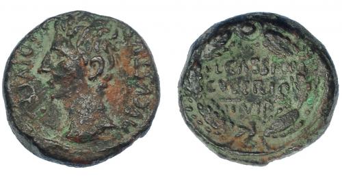 44 - HISPANIA ANTIGUA. CAESARAUGUSTA. Augusto. Cuadrante. A/ Cabeza a izq.; AVGVSTVS DIVI F. R/ Corona rodeando L CASSIO/C VALERIO/ II VIR. AE 3,15 g. 15 mm. I-338. APRH-312. ACIP-3036. Pátina irregular. MBC+. Muy rara.