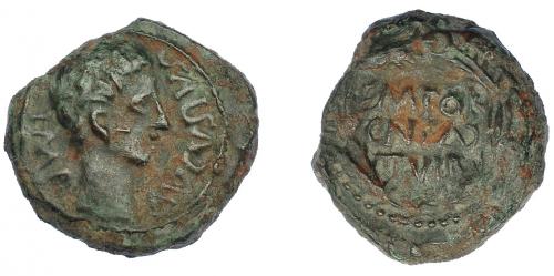 48   -  HISPANIA ANTIGUA. CAESARAUGUSTA. Augusto. Cuadrante. A/ Cabeza a der.; IMP AVGVSTVS. R/ Corona rodeando M POR/CN FAD/ II VIR. AE 3,90 g. 16,8 mm. I-341. APRH-316. ACIP-3040. Pátina verde. MBC. Muy escasa.