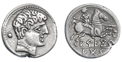 6 - HISPANIA ANTIGUA. AREKORATA. Denario. A/ Cabeza masculina a der., detrás glóbulo. R/ Jinete lancero a der., debajo AREKoR/ATaS separada por línea. AR 4,25 g. 18 mm. I-110. ACIP-1757. Rara. Cospel irregular. Rayitas en anv. MBC/MBC+. Rara.
