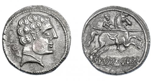 7 - HISPANIA ANTIGUA. AREKORATA. Denario. A/ Cabeza masculina a der., detrás círculo con glóbulo dentro. R/ Jinete lancero a der., debajo AREKoRATa. AR 3,48 g. 18,3 mm. I-105. ACIP-1773. Leves erosiones. MBC+.