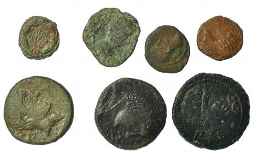 3001 - HISPANIA ANTIGUA. Lote de 7 piezas: 3 cuadrantes de Caesaraugusta, 1 as de Celsa y 3 ases de Bilbilis. BC/MBC-.