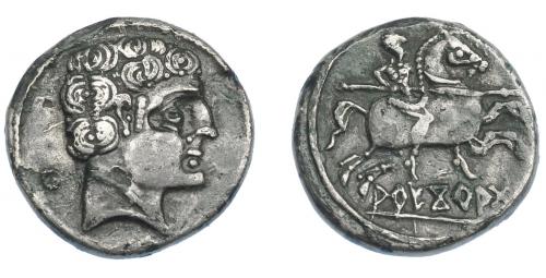 3004 - HISPANIA ANTIGUA. AREKORATA. Denario. A/ Cabeza masculina a der., detrás círculo con glóbulo dentro. R/ Jinete lancero a der. con los dos pies visibles, debajo AREKoRATa sobre línea. AR 3,62 g. 17,4 mm. I-no. ACIP-1774. Erosiones. MBC.