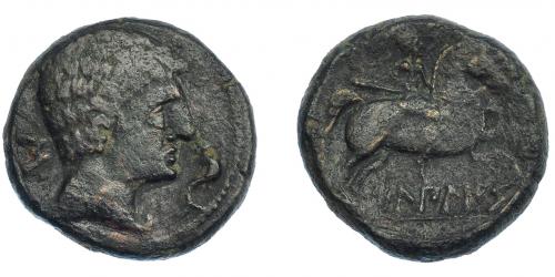 3006 - HISPANIA ANTIGUA. BILBILIS. As. A/ Cabeza masculina a der., delante delfín, detrás signo ibérico S. R/ Jinete lancero a der., debajo, sobre línea, BiLBiLIS. AE 13,85 g. 26,4 mm. I-254. ACIP-1567. Pátina oscura. MBC-/BC+. Escasa.