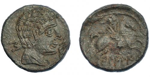 3007 - HISPANIA ANTIGUA. BILBILIS. As. A/ Cabeza masculina a der., delante delfín, detrás signo ibérico S. R/ Jinete lancero a der., debajo, sobre línea, BiLBiLIS. AE 14,61 g. 27,8 mm. I-254. ACIP-1567. Leve doble acuñación en anv. MBC+/BC+. Escasa.