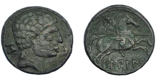 3008 - HISPANIA ANTIGUA. BILBILIS. As. A/ Cabeza masculina a der., delante delfín, detrás signo ibérico S. R/ Jinete lancero a der., debajo, sobre línea, BiLBiLIS. e 13,94 G. 27,0 MM. I-254. ACIP-1567. Pátina oscura. MBC-/MBC. Escasa.